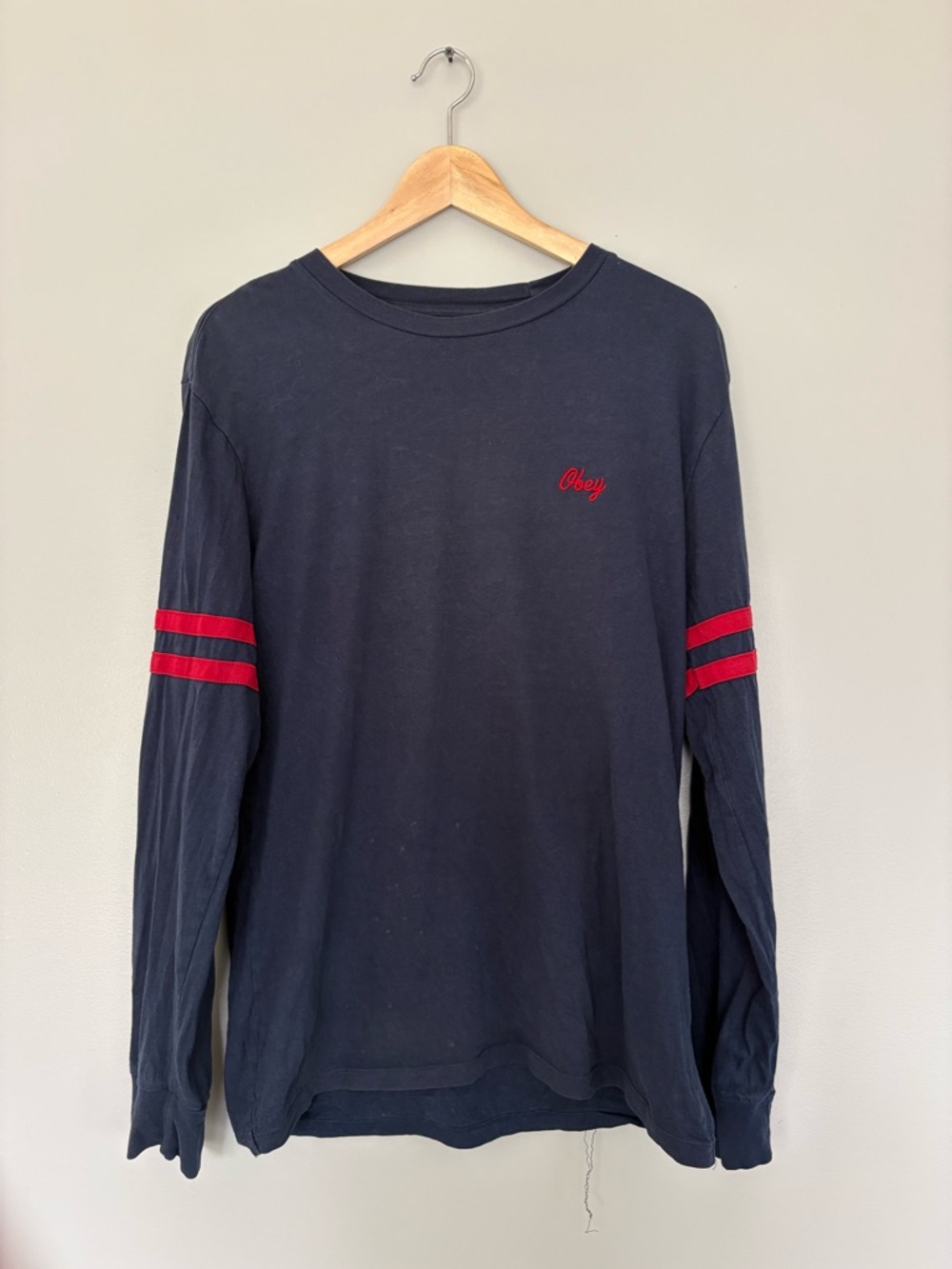 Obey Long Sleeve Navy Tee with Red Sleeve Stripes